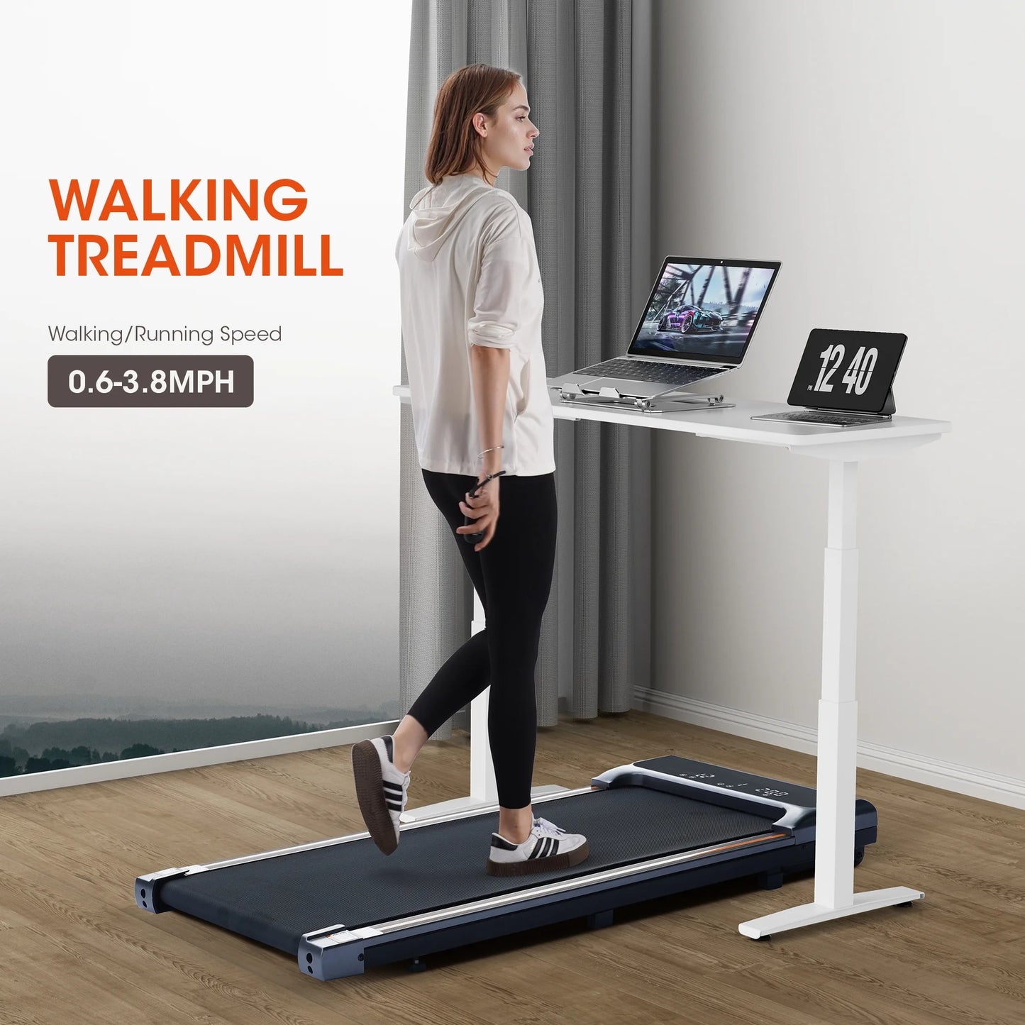 Walking Pad under Desk Treadmill with Remote Control Lightweight 2 in 1 Exercise Treadmill 0.6-3.8 Speed Range for Home Office Workout